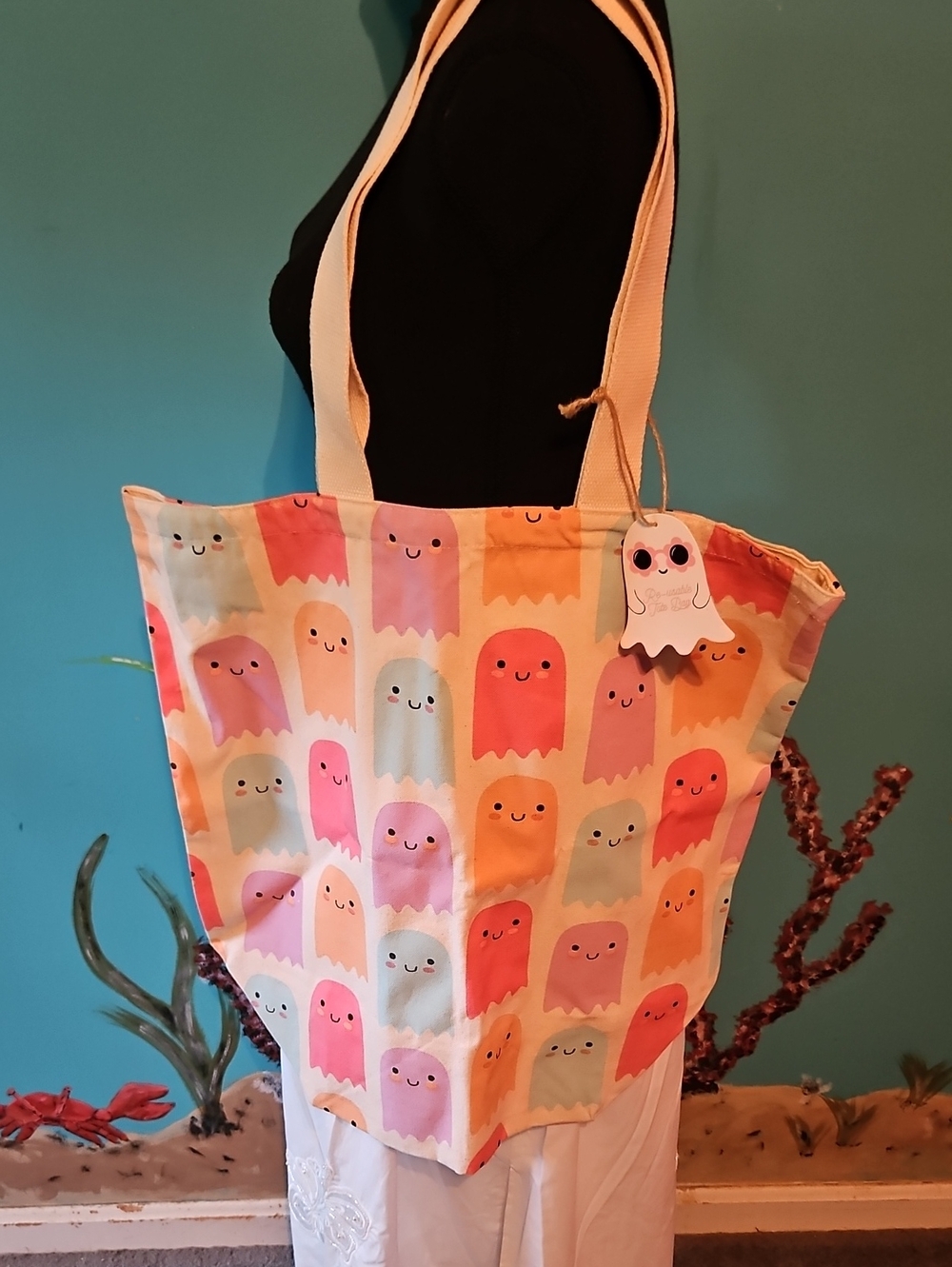 Halloween Cute Pastel Ghost Print Tote Bag - Pink & Peach